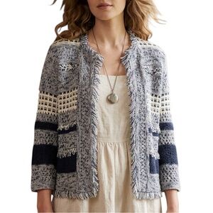 Chicos Blue White Textured Knit Fringe Boho Cottagecore Cardigan Small